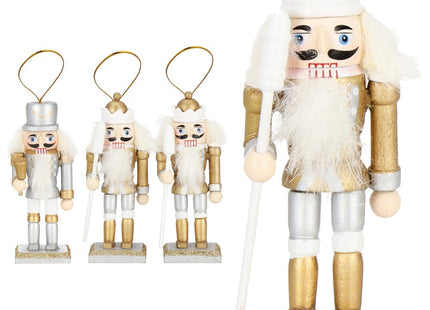 Notenkraker Kerst | Houten Soldaat | Kerstversiering | 3 Stuks | Zilver/Wit/Goud | 8 cm