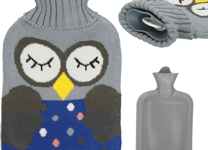 Warmwaterkruik- Sweater -Hoes - Uil- 2L - Inhoud - Pijnverlichting- Ontspanning -Grijs