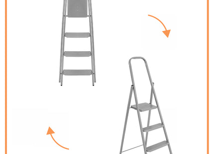 Huishoudtrap - Ladder - Keukentrapje - 4 - Etages - Antislip - Opvouwbaar - Grijs - 150 KG - Grijs