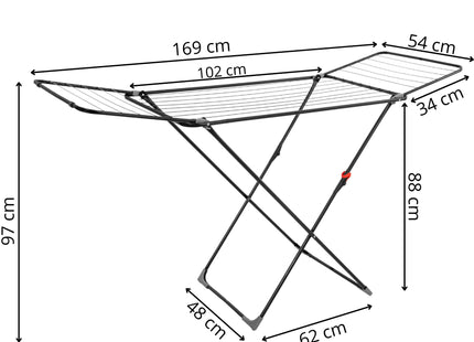 Droogrek - Wasrek - Droogtoren - 3 - Etages - Inklapbaar - Draaibaar - Zwart - Staal - Kunststof - Met Radiatorbeugels - 169 x 54 x 97 Cm