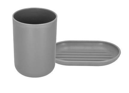 Badkameraccessoiresset - Prullenbak - Toiletborstel - Zeepdispencer - Tandenborstelbeker - Zeepbak - Mok - Grijs