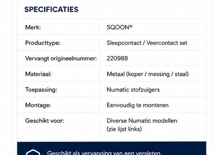 SQOON® Sleepcontact / Veercontact geschikt voor Numatic HVR200 – Set – Vervanger voor 220988