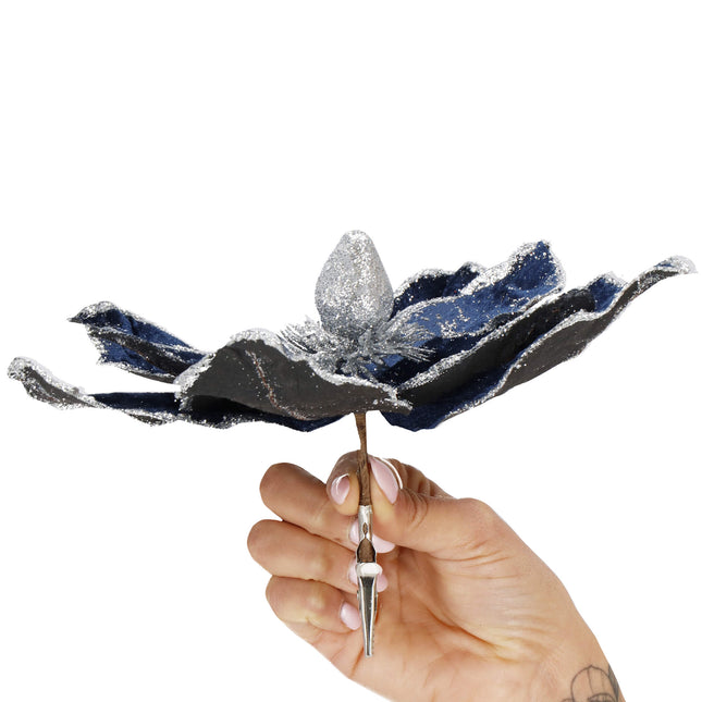 Kunstbloem | Kerst |Ster van Bethlehem | Clip | Marineblauw | Glitters