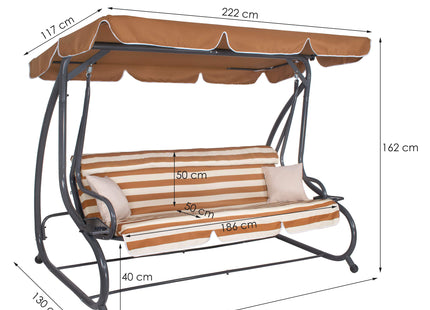 Schommelbank | Luna-Schommel | 4-zits | Waterafstotend | Inclusief 2 Kussens | Verstelbare Luifel | 230 x 130 x 162 cm | Bruin/Wit/Grijs