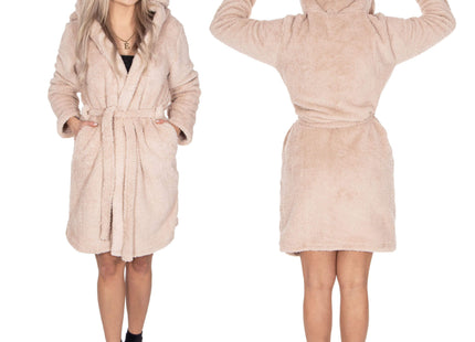 Badjas - Fleece - Teddybeer - Beige - Capuchon - Riem - Maat L/XL
