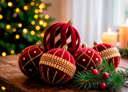 Kerstballen | 9 Stuks | 8,5 cm | Rood | velours