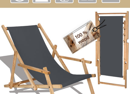 Ligbed | Strandstoel | Ligstoel | Verstelbaar | Arm Leuning | Beukenhout | Geïmpregneerd | Handgemaakt | Grafiet