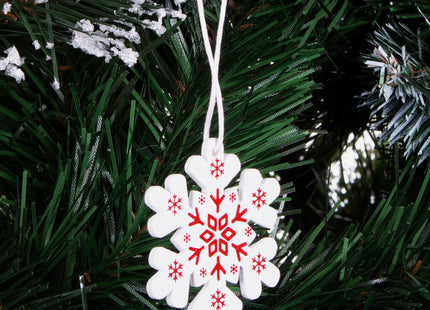 Kersthanger | Sneeuwvlok | Rood/Wit | Hout | 5 cm | 3 Stuks