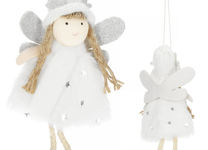 Kersthanger | Kerstengel | Kerstversiering | Kerstboomhanger | Stof | Wit/Zilver | 14 cm