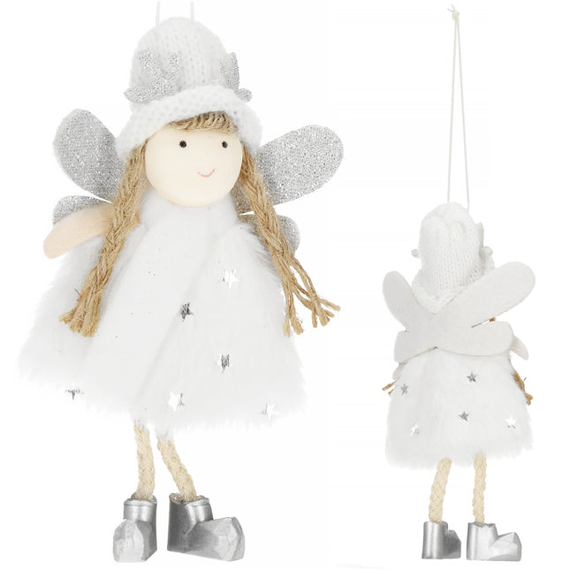 Kersthanger | Kerstengel | Kerstversiering | Kerstboomhanger | Stof | Wit/Zilver | 14 cm
