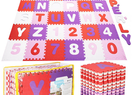Speelmat | Speelmat Foam | Puzzelmat | 36 Stukken | Letters & Cijfers | 175 x 175 cm | Roze/Rood/Paars/Wit