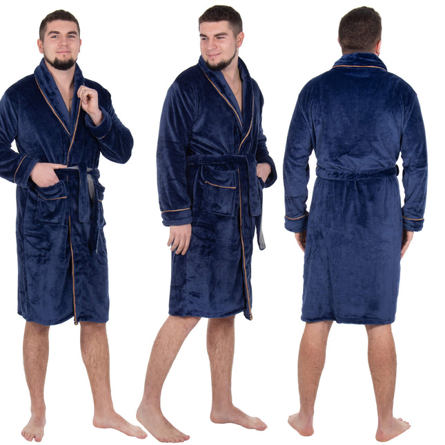 Badjas - Fleece - Marineblauw - Riem - Maat XXL