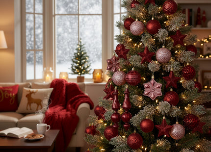 Kerstballen | 18 Stuks | Paars |  Bordeauxrood | Mat | Glanzend | Glitter