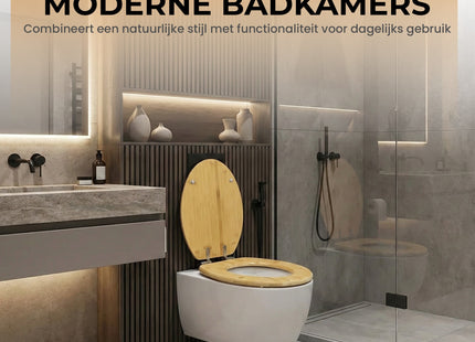 WC Bril  - Toiletbril Met Deksel - RVS -Scharnieren - Bamboe - Inclusief Bevestigingsmateriaal