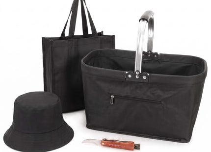 Paddenstoelenplukset 4-delig – Opvouwbare Paddenstoelenmand met Mes, Tas en Hoed – Paddenstoelen Verzamelset – Zwart