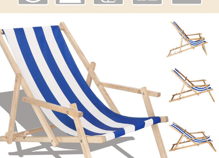 Ligbed | Strandstoel | Ligstoel | Verstelbaar | Arm Leuning | Beukenhout | Handgemaakt | Blauw Wit