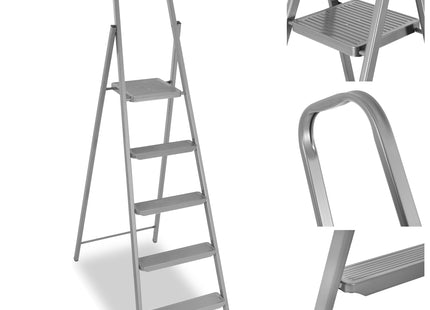 Huishoudtrap - Ladder - Keukentrapje - 5 - Etages - Antislip - Opvouwbaar - Grijs - 150 KG - Grijs