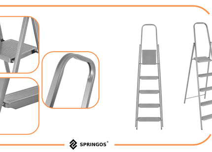 Huishoudtrap - Ladder - Keukentrapje - 5 - Etages - Antislip - Opvouwbaar - Grijs - 150 KG - Grijs