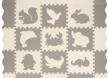Speelmat | Speelmat Foam | Puzzelmat | Figuren | Dieren | 9 Puzzelstukken | 120 x 120 cm | Crème/Grijs