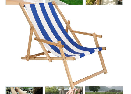 Ligbed | Strandstoel | Ligstoel | Verstelbaar | Arm Leuning | Beukenhout | Geïmpregneerd | Handgemaakt | Blauw Wit