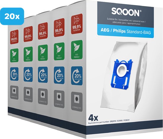 SQOON® Stofzuigerzakken geschikt voor AEG / Electrolux / Philips Standard-BAG | 20 stuks
