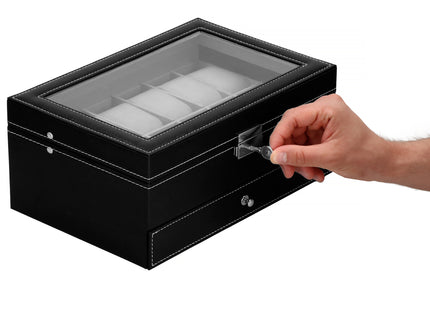 Horlogedoos -Sieradendoos - Horlogebox - Horlogeopberger - Zwart - 12 Horloges - 30x20x13 Cm