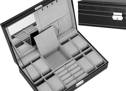 Horlogedoos - Horlogebox - Horlogeopberger - Spiegel - Zwart - Grijs - 8 Horloges