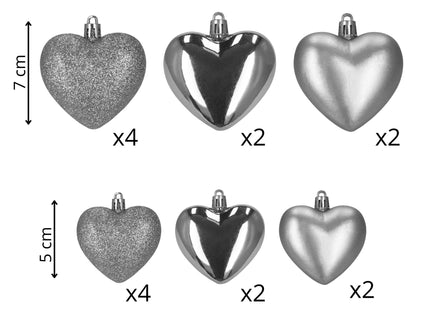 Kerstballen | 16 Stuks | 5/6/7 cm | Zilver | Hartjes