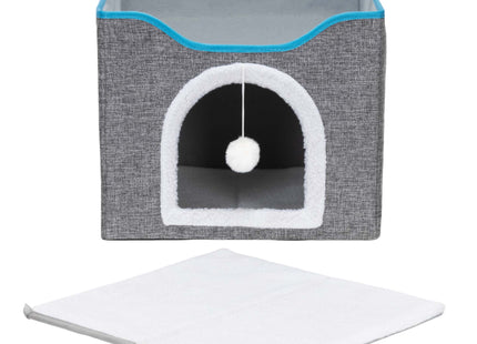 Kattenmand - Kattenhuis - Bed - Kussen - Krabpaal - 42 x 41 x 34 cm - Grijs - Blauw