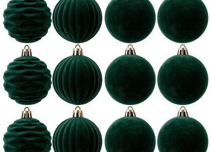 Kerstballen 12 Stuks – Donkergroen – Fluwelen Kerstboomversiering – 3 Verschillende Designs – Onbreekbare Kerstballen 5,5 cm – Inclusief Ophangkoorden