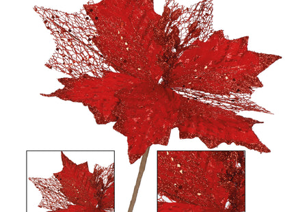 Kunstbloem - Ster van Bethlehem - Kunststof - Rood - Glitters - 25 cm