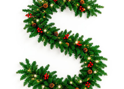 Kerstslinger met Verlichting 3 Meter – 70 Warm Witte LED Lampjes – Dennenappels en Rode Bessen – 8 Lichtstanden – Timer – IP44 – Binnen en Buiten