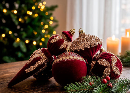 Kerstballen | 11 Stuks | 5 Patronen | Rood | Velours