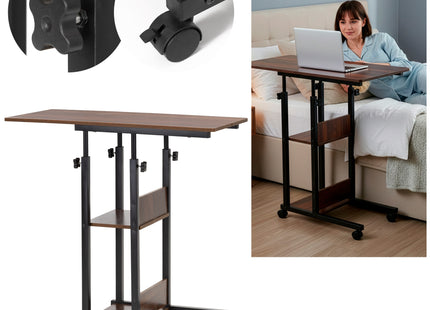 Bureau – Werkbureau – Computer Bureau – Bureautafel – Op Wielen – Verstelbaar - 73-85 X 40 X 80 CM – 20 Kg - Donkerbruin  - Metaal - Hout