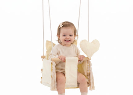 Springos® Houten Babyschommel  – Kinderschommel met Teddybeer Kussen – Verstelbare Touwen – Veiligheidsriem – Maximaal 25 kg