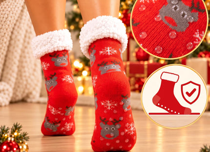 Kerstsokken  – Rood – Maat 40-44 – Warme Gevoerde Sokken met Antislip – Rendieren en Sneeuwvlokken – Zachte Wintersokken