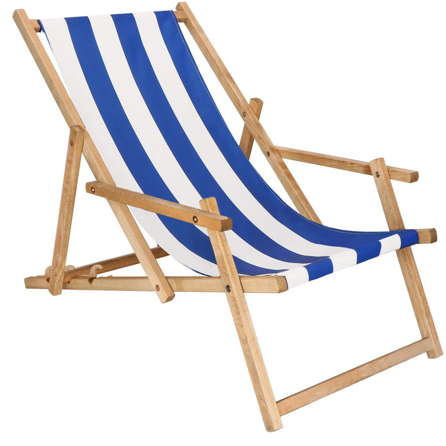 Ligbed | Strandstoel | Ligstoel | Verstelbaar | Arm Leuning | Beukenhout | Geïmpregneerd | Handgemaakt | Blauw Wit