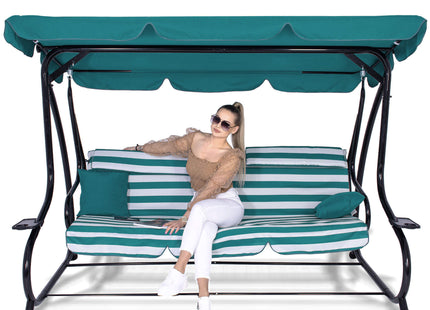 Schommelbank | Linda-Schommel | 3-zits | Waterafstotend | Inclusief 2 Kussens | Verstelbare Luifel | 230 x 100 x 162 cm | Zee Blauw/Wit/Zwart