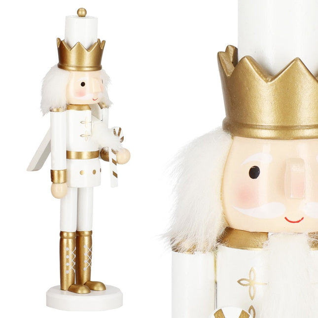 Notenkraker Kerst | Houten Soldaat | Kerstversiering | Goud/Wit | 30,5 cm
