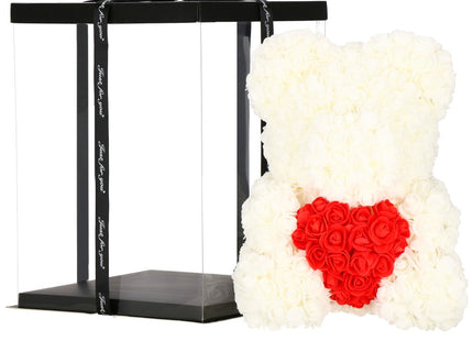 Rozen Beer | Rozenbeer | Rose Bear | Rozen Teddybeer | Liefde | Inclusief Giftbox | 36 x 26 x 26 cm | Wit/Rood