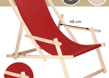 Ligbed | Strandstoel | Ligstoel | Verstelbaar | Arm Leuning | Beukenhout | Handgemaakt | Bordeaux Rood