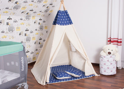 Tipi Tent | Wigwam Speeltent | 120x100x180 cm | Met Mat en Kussens | Naturel Navy | Sterren