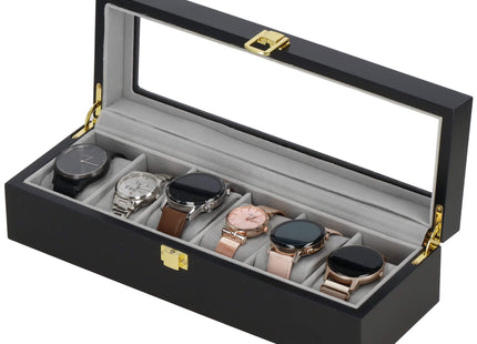Horlogedoos - Horlogebox - Horlogeopberger - Suède - Zwart - Grijs - Goud  - 6 Horloges