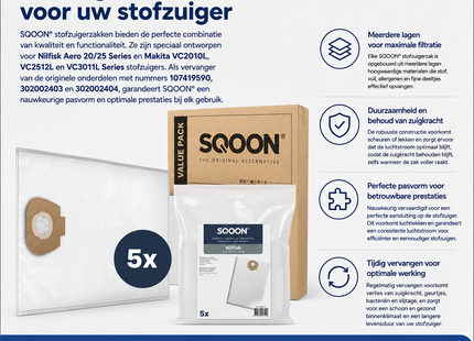 SQOON® Stofzuigerzakken Geschikt voor Nilfisk Alto / WAP / KEW AERO 20/25 & Makita VC2010 / VC2512 / VC3011 - 5 Stuks