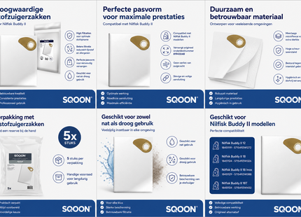 SQOON® Stofzuigerzakken  Geschikt voor Nilfisk Buddy II - Vervangt 81943048 - High Filtration - Voor Industrieel Gebruik