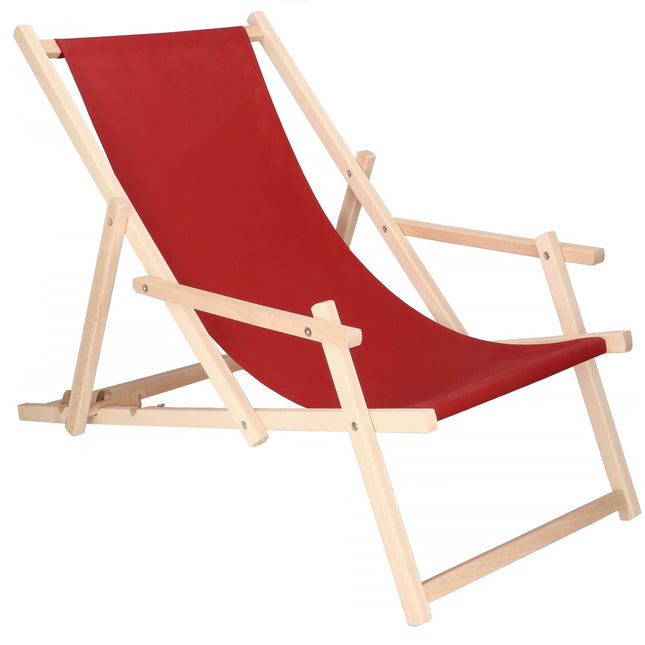 Ligbed | Strandstoel | Ligstoel | Verstelbaar | Arm Leuning | Beukenhout | Handgemaakt | Bordeaux Rood