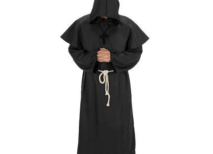 Monnikenkostuum - Volwassenen XL – Zwarte Monnikspij met Capuchon – 4-Delig Verkleedpak met Kruis en Koord – Halloween en Carnaval – 182-188 cm