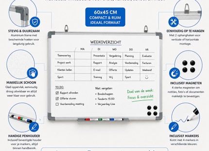Magnetisch Whiteboard 60x45 cm - Magneetbord met Aluminium Frame