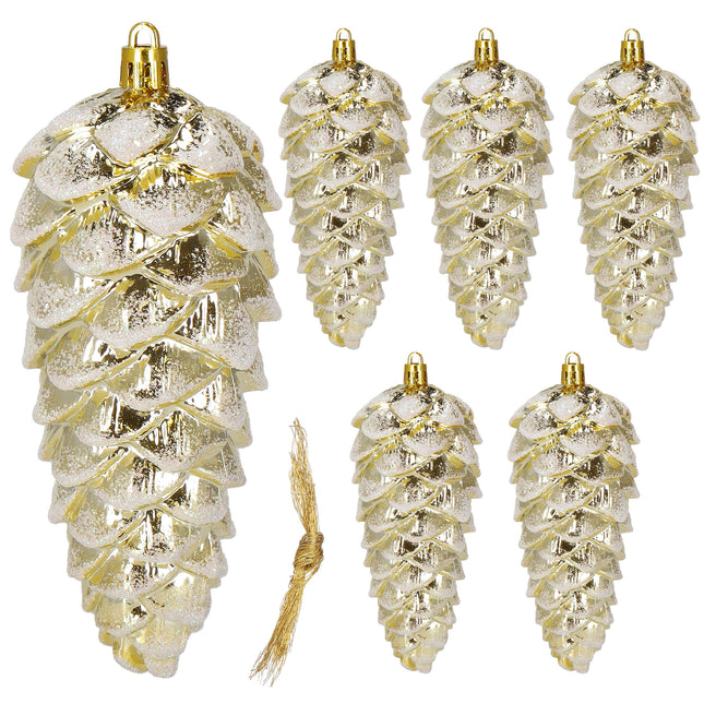 Kerstboomhanger Dennenappels | 6 Stuks | 14 cm | Witte Glitters