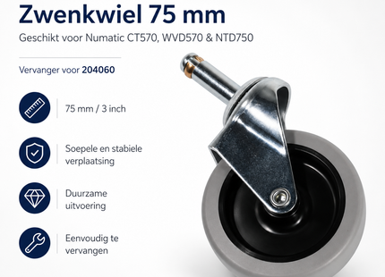 SQOON® Zwenkwiel 75 mm geschikt voor Numatic CT570, WVD570 & NTD750 – Vervanger voor 204060